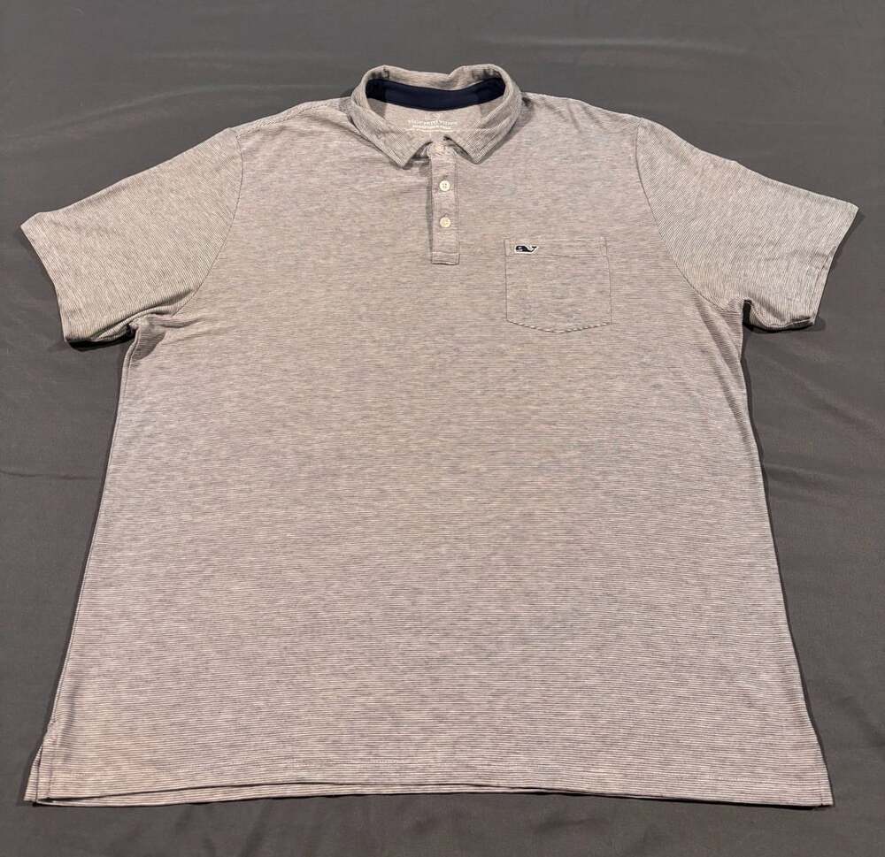 Vineyard Vines Edgartown Polo Shirt Mens Size L Striped Pocket Gray Pima Cotton